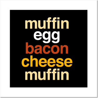 Deconstructed breakfast sandwich: muffin, egg, bacon, and cheese (list of ingredients in true-to-life colors) Posters and Art